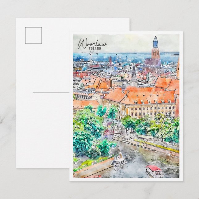 Postal Wroclaw Polonia vintage acuarela (Anverso / Reverso)