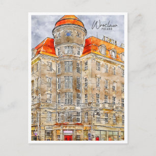 Postal Wroclaw Polonia vintage acuarela