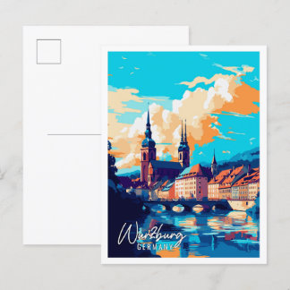 Postal Wurzburg Alemania ilustracion de viaje vintage