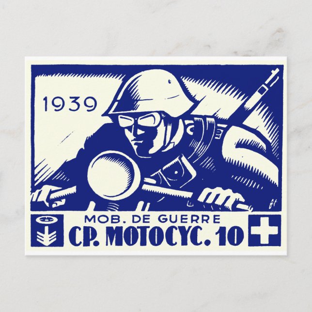 Postal WWII Compañía Suiza de Motocicleta, azul (Anverso)