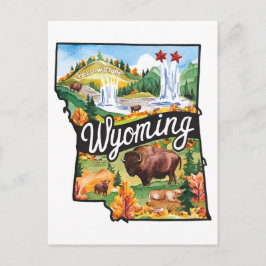 Postal Wyoming Estado USA Forma Acuarela Vintage