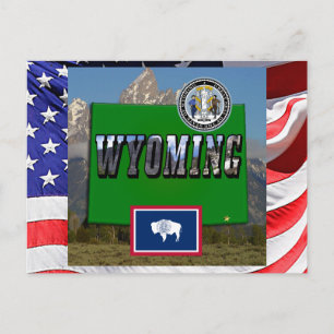 Postal Wyoming imagen y texto, mapa, bandera y sello esta