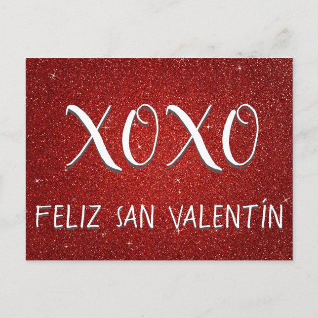 Postal XOXO Feliz San Valentín Esparkle Rojo y Purpurina (Anverso)