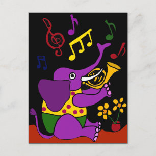 Postal XX- Elefante de Arte Popular Jugando Cuerno Francé