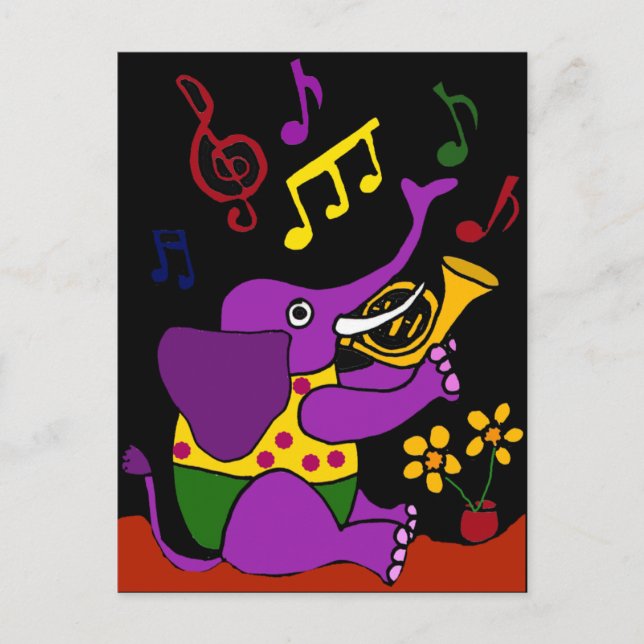 Postal XX- Elefante de Arte Popular Jugando Cuerno Francé (Anverso)