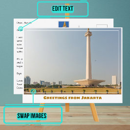 Postal Yakarta Indonesia con monumento nacional moderno
