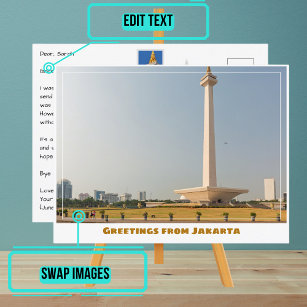Postal Yakarta Indonesia con monumento nacional moderno