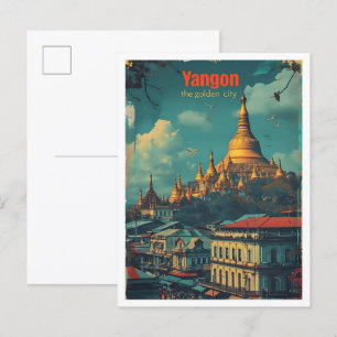 Postal Yangon Myanmar Ilustracion de viajes de arte vinta