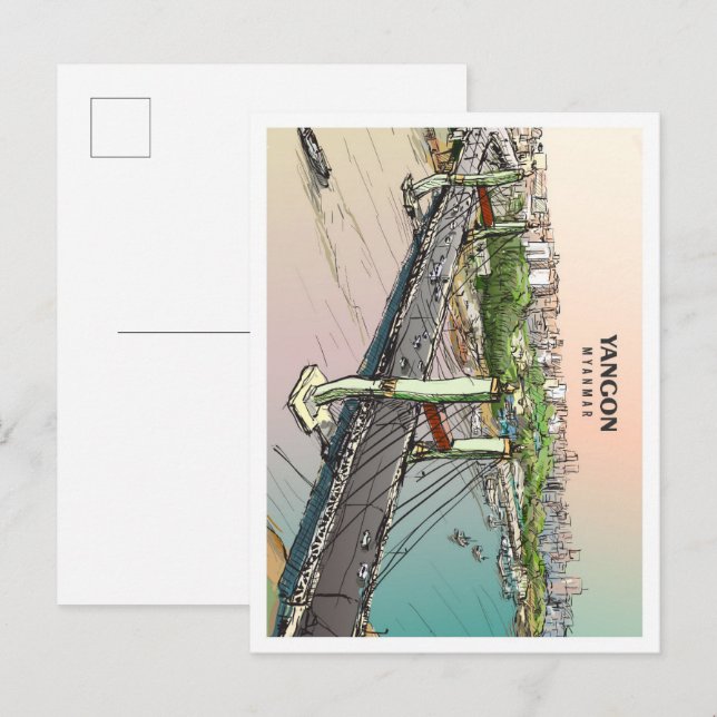Postal Yangon Myanmar Sketch Art Vintage Travel (Anverso / Reverso)