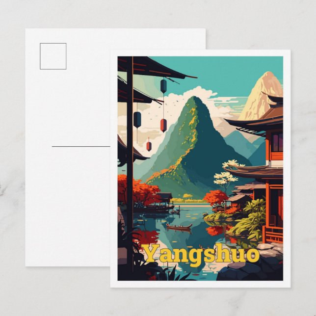 Postal Yangshuo China Ilustracion de arte de viajes (Anverso / Reverso)