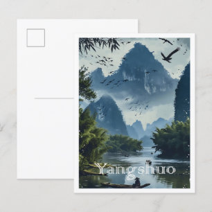 Postal Yangshuo China Ilustracion de viajes de arte vinta