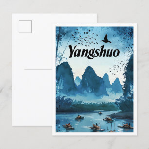 Postal Yangshuo China Ilustracion de viajes de arte vinta