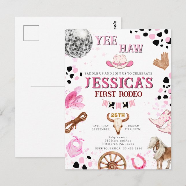 Postal Yee Haw Disco Cowgirl Rodeo Cumpleaños (Anverso / Reverso)