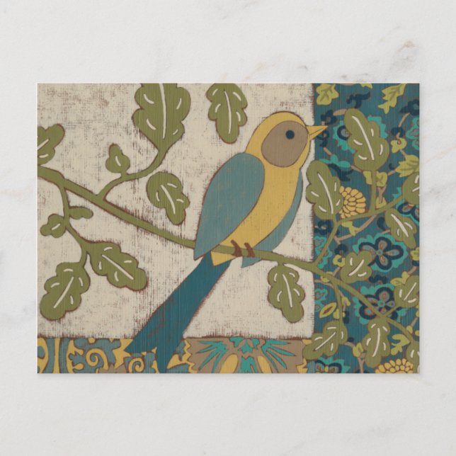 Postal Yellow and Teal Blue Bird Perched on a  Branch (Anverso)
