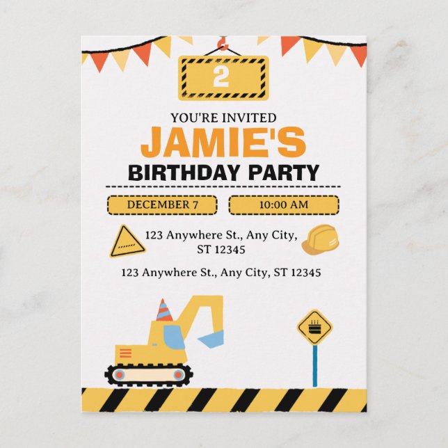Postal Yellow Cute Construction Truck Boys 2nd Birthday (Anverso)