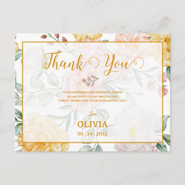 Postal  Yellow Floral Romantic Bridal Shower Thank You (Anverso)