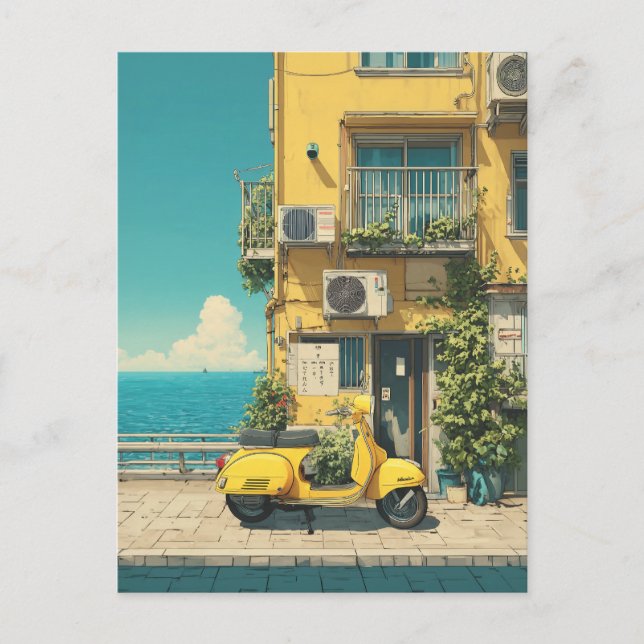 Postal Yellow Scooter by Seaside (Anverso)