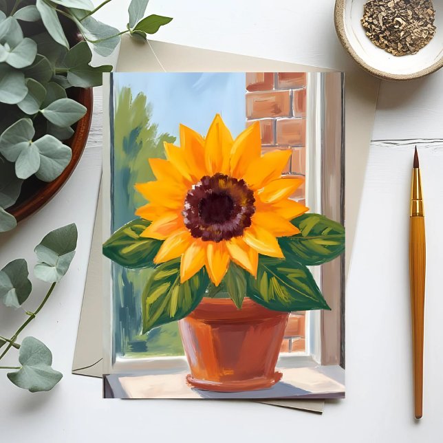 Postal Yellow Sunflower Pot Floral Watercolor (Subido por el creador)