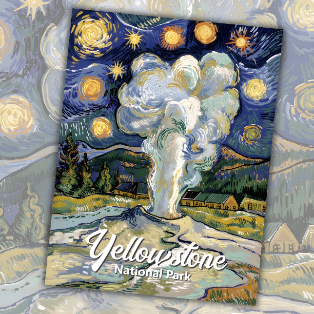 Postal Yellowstone Old Faithful Van Gogh Starry Night Art (Yellowstone Old Faithful Van Gogh Starry Night Art Postcard)