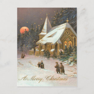 Postal Yendo Al Árbol De La Iglesia Luna Nieve Estrellas