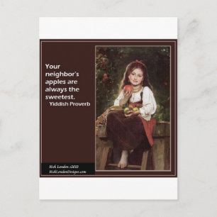 Postal Yiddish diciendo sobre manzanas y gráficos