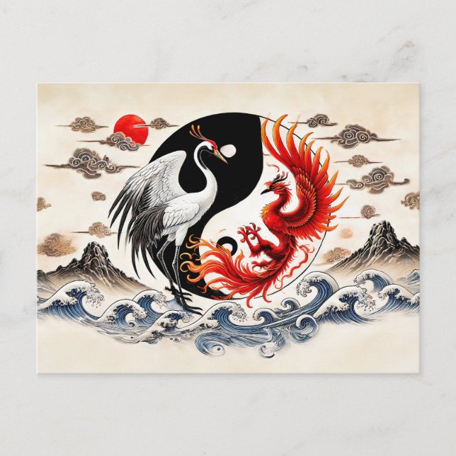 Postal Yin y Yang Crane y Phoenix en estilo de arte asiát (Anverso)