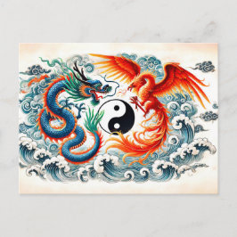 Postal Yin y Yang Dragón y Fénix en estilo de arte asiáti