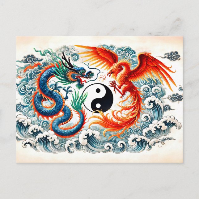 Postal Yin y Yang Dragon y Phoenix en estilo de arte asiá (Anverso)