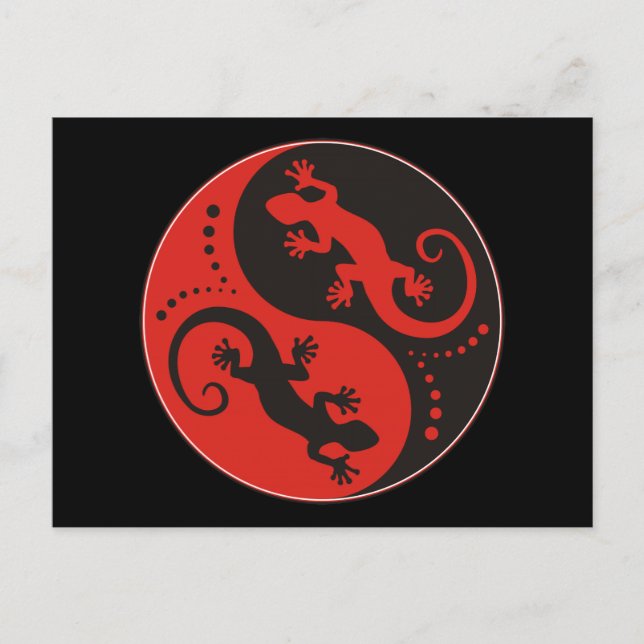 Postal YIN y YANG Geckos rojo negro + tu idea de fondo (Anverso)
