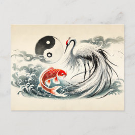 Postal Yin y Yang Koi y Crane en estilo de arte asiático