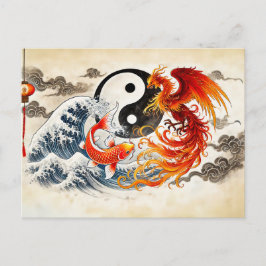 Postal Yin y Yang Koi y Fénix en estilo de arte asiático