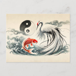 Postal Yin y Yang Koi y Grulla en estilo de arte asiático