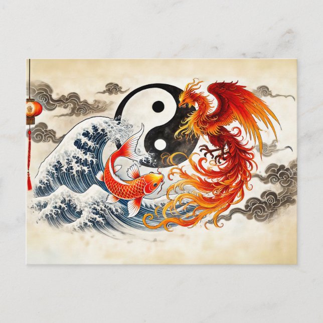 Postal Yin y Yang Koi y Phoenix en estilo de arte asiátic (Anverso)