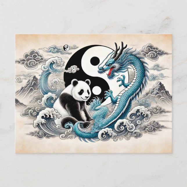 Postal Yin y Yang Panda y Dragon en estilo de arte asiáti (Anverso)