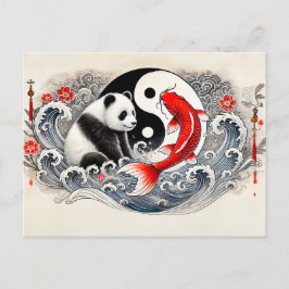 Postal Yin y Yang Panda y Koi en estilo de arte asiático