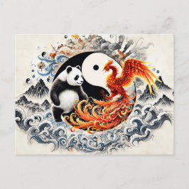 Postal Yin y Yang Panda y Phoenix en estilo de arte asiát