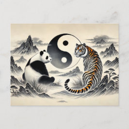 Postal Yin y Yang Panda y Tigre en estilo de arte asiátic