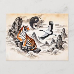 Postal Yin y Yang Tiger and Crane en estilo de arte asiát