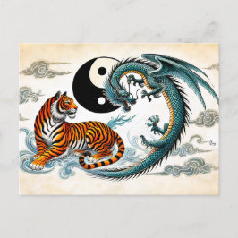 Postal Yin y Yang Tiger y Dragon en estilo de arte asiáti