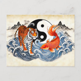 Postal Yin y Yang Tiger y Koi en estilo de arte asiático