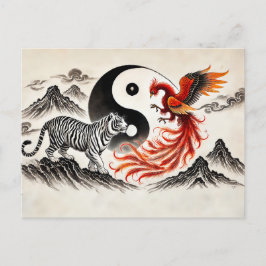 Postal Yin y Yang Tiger y Phoenix en estilo de arte asiát