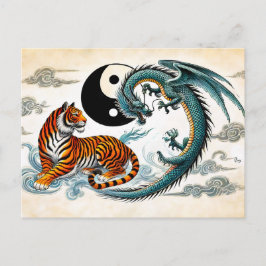 Postal Yin y Yang Tigre y Dragón en estilo de arte asiáti