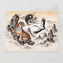Postal Yin y Yang Tigre y Grulla en estilo de arte asiáti