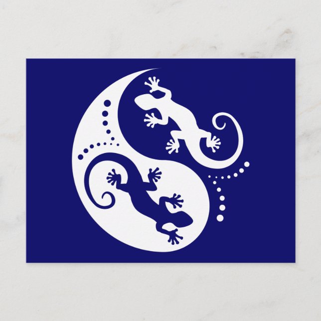 Postal YIN & YANG Geckos white + tu idea (Anverso)