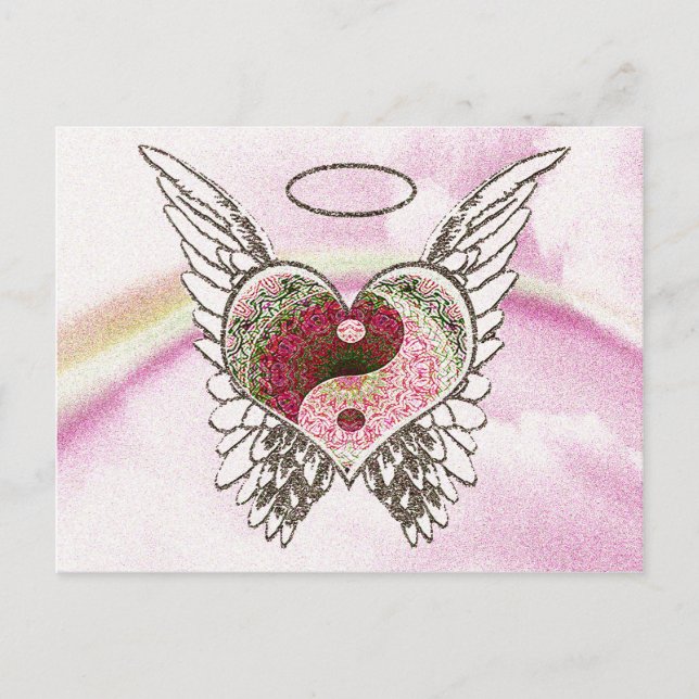 Postal Yin Yang Heart Angel Wings Watercolor (Anverso)