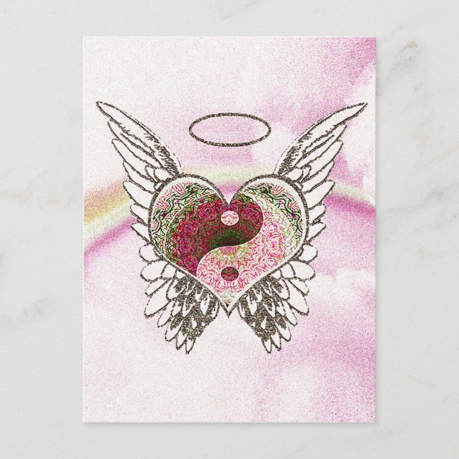 Postal Yin Yang Heart Angel Wings Watercolor (Anverso)