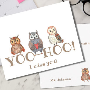 Postal Yoo-hoo Watercolor Owls Te Extraño Profesor Escola