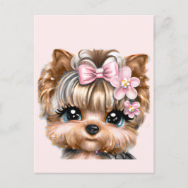 Postal Yorkie Adorable Con un Lazo Rosa 