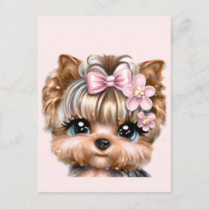 Postal Yorkie Adorable Con un Lazo Rosa 