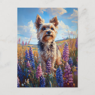 Postal Yorkie Terrier Purple Lupine Flowers